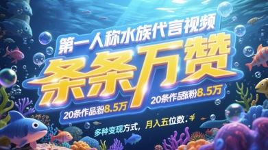 第一人称水族代言视频，条条万赞，20条作品涨粉7.8W，多种变现方式月入五位数